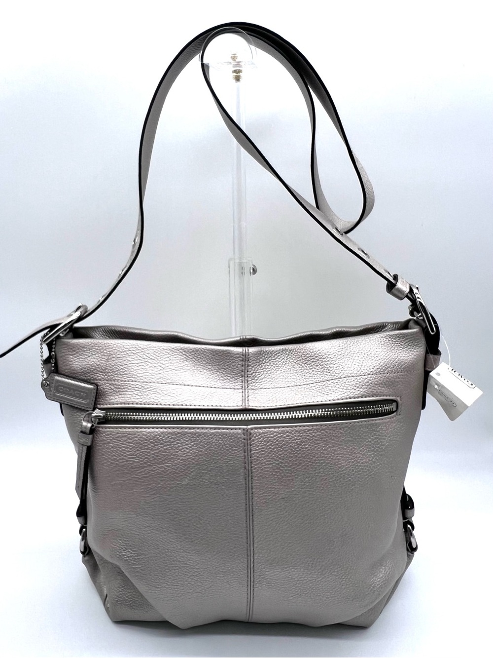 Coach Metallic Silver Pebbled Leather Duffle Shoulder Bag NWT - Picture 3 of 16